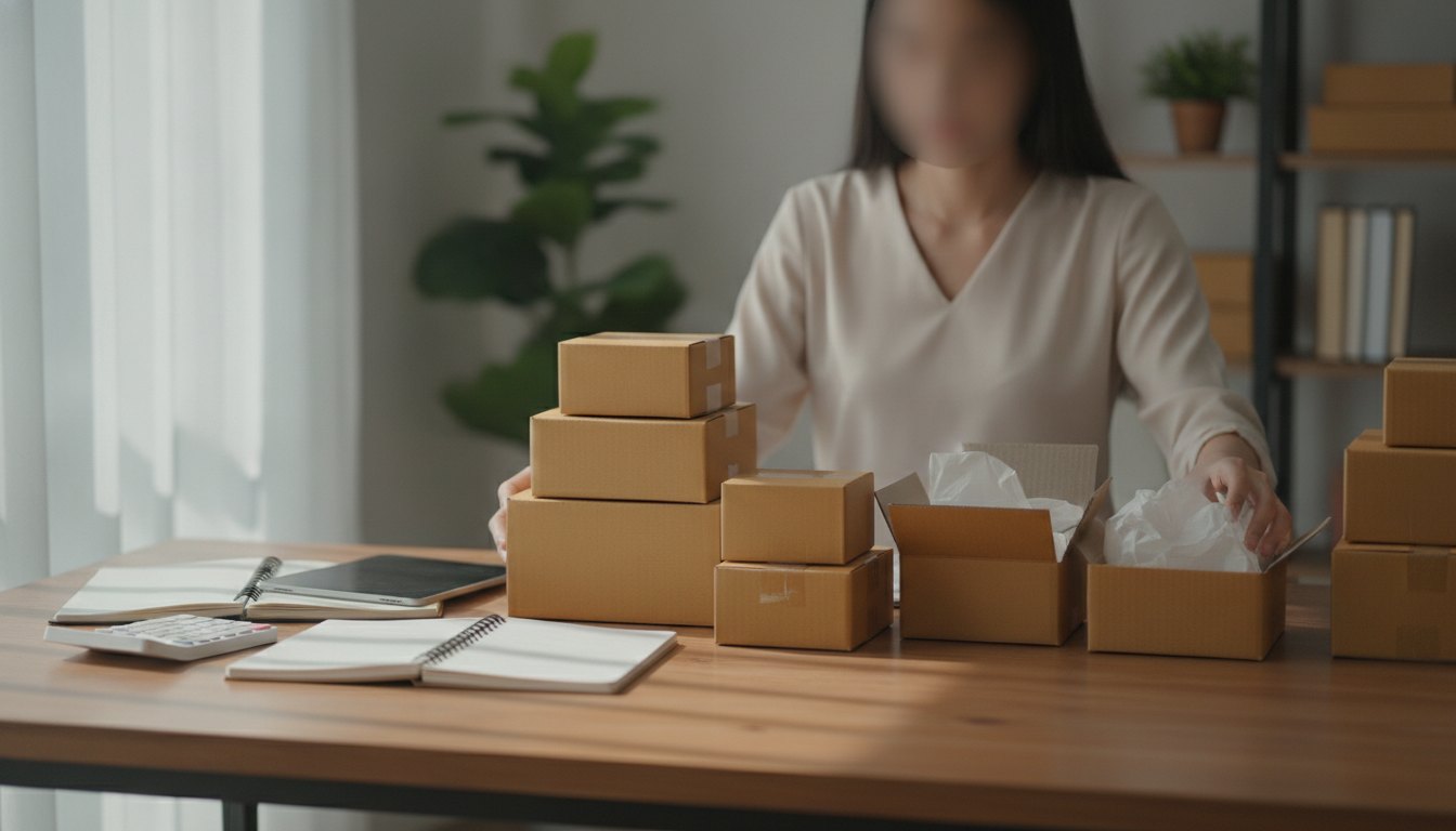mulher sentada à mesa com cadernos e calculadora organizando caixas de produtos
