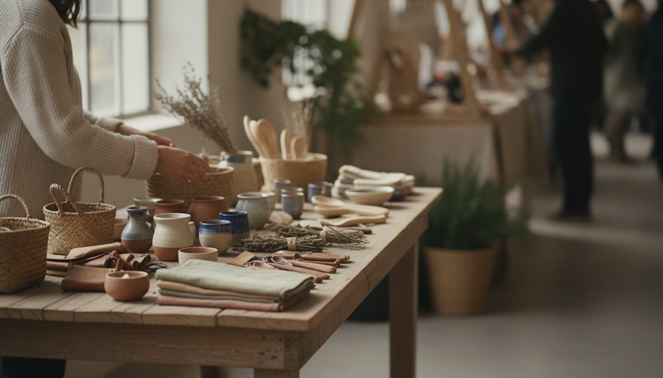 Mulher organizando produtos artesanais sobre uma mesa de madeira em um evento presencial.