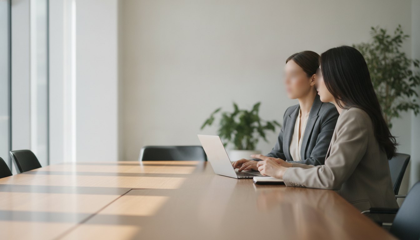 Mulher sentada à mesa com notebook conversando com outra mulher em um escritório bem iluminado.