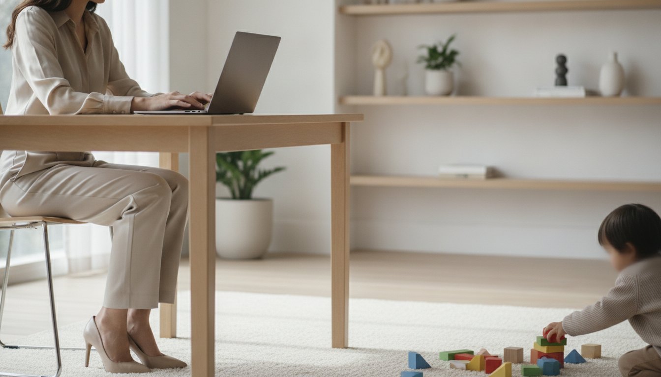 Mulher trabalhando no notebook na mesa enquanto criança brinca com blocos de montar ao lado