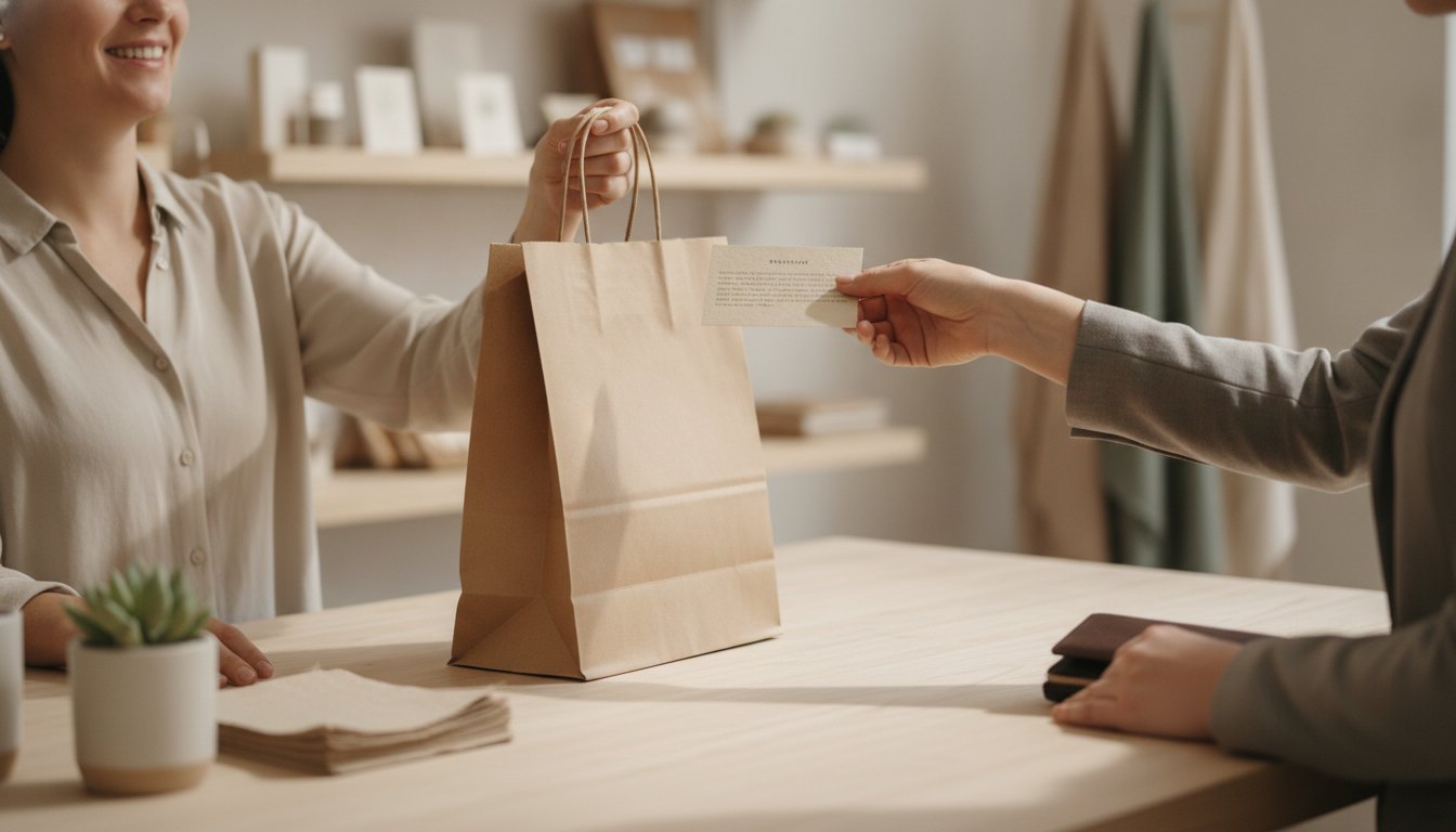 Mulher sorridente entregando sacola de papel e cartão impresso para cliente no balcão de uma loja.