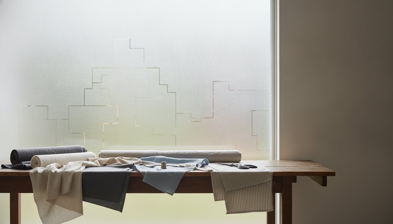 Janela ampla de um ateliê de costura com proteção instalada e tecidos sobre a mesa.