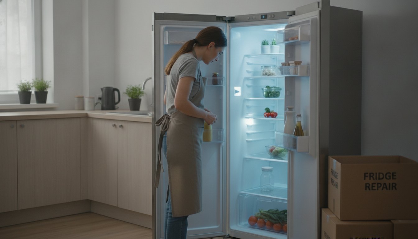 Mulher com avental olha preocupada para o interior de uma geladeira aberta na cozinha.