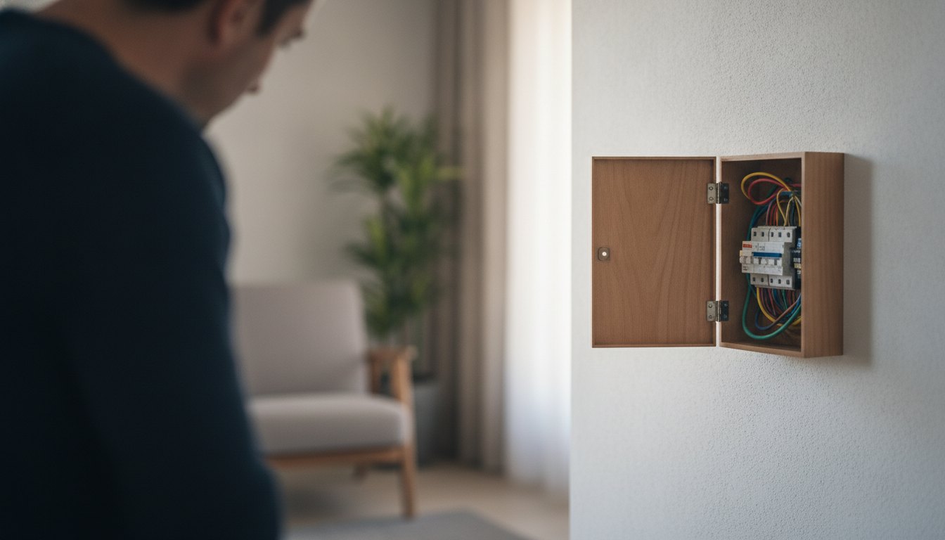 Mulher observando o quadro de luz de uma casa com expressão de preocupação
