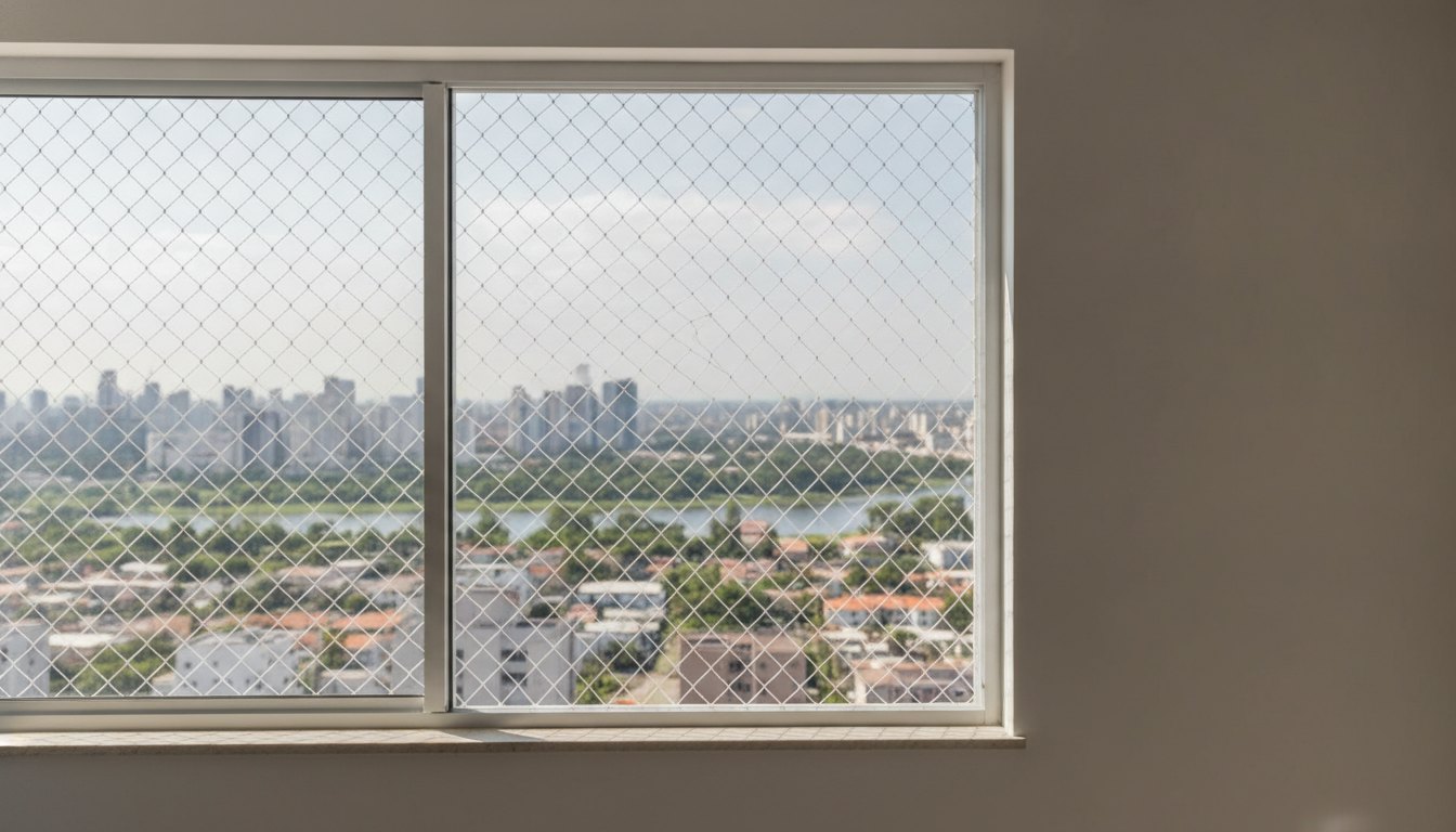 Janela de apartamento com rede de proteção instalada e vista para a cidade ao fundo.