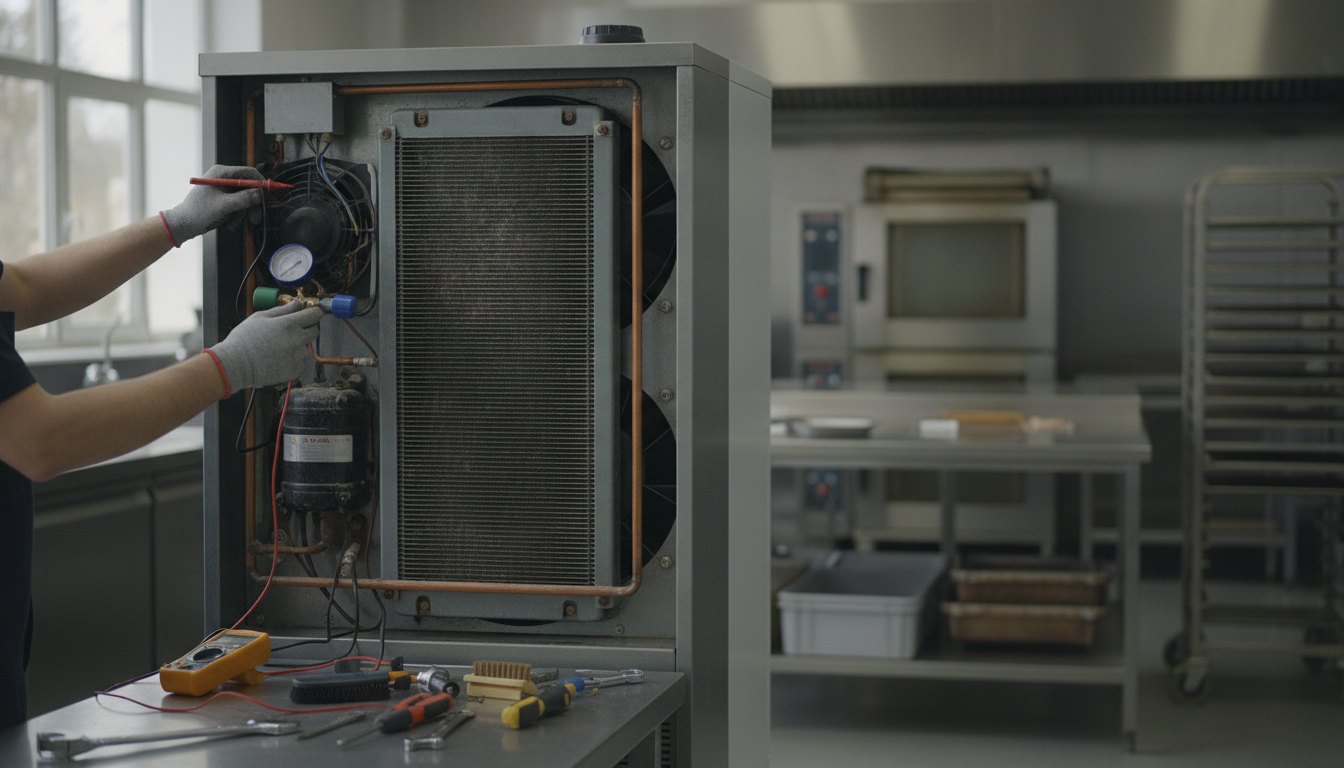 Técnica inspecionando a parte traseira de um refrigerador comercial com ferramentas de medição em uma cozinha.