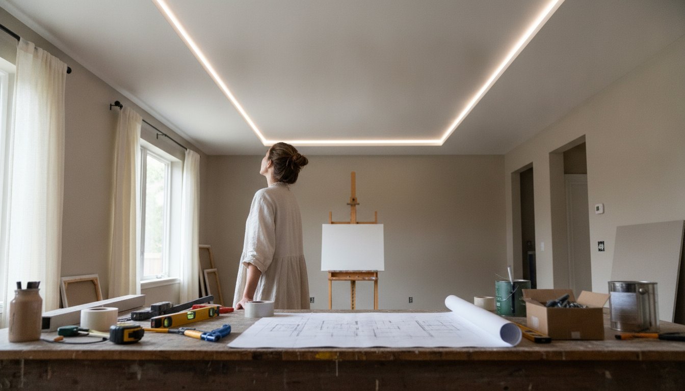 Mulher observa o teto recém-rebaixado de seu ateliê caseiro com ferramentas sobre a mesa.