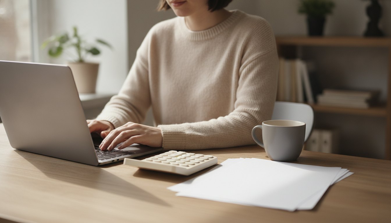 Mulher usando notebook em mesa de jantar com calculadora e papéis ao lado de xícara.