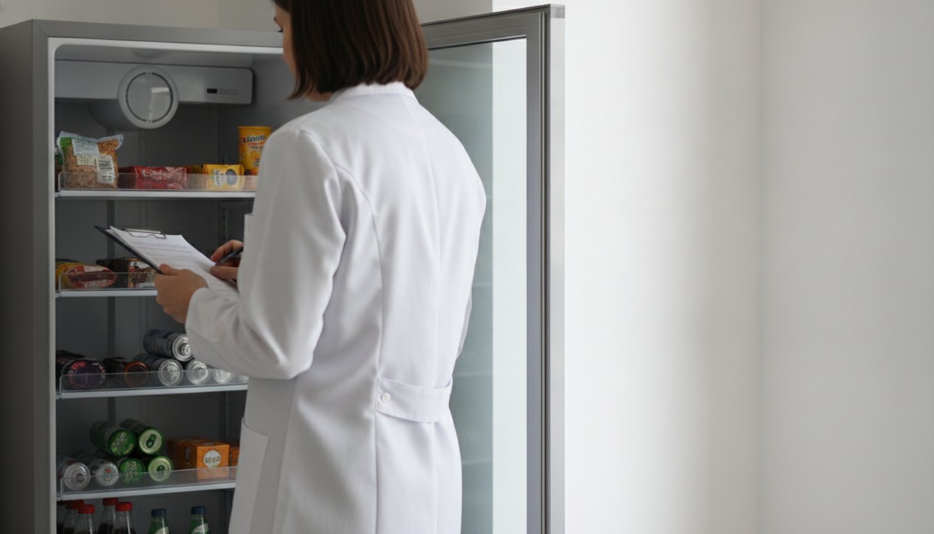 Mulher inspeciona o interior de um refrigerador comercial pequeno com prancheta na mão.