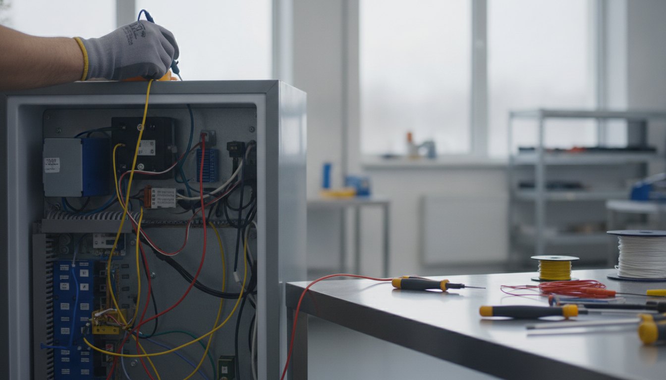 Mulher avaliando as conexões elétricas de uma geladeira comercial próxima a uma bancada de trabalho.