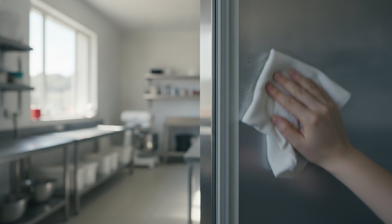 Mulher em cozinha industrial limpando a borracha de vedação de uma geladeira metálica