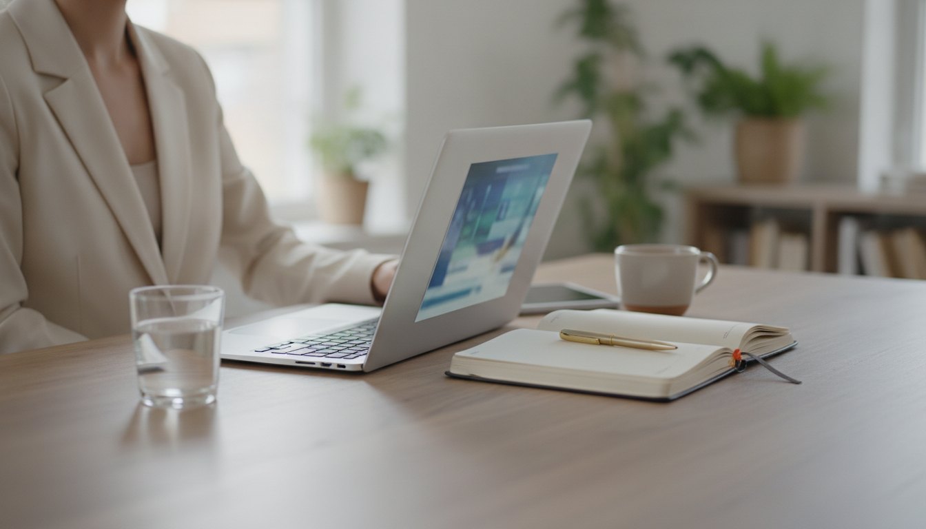 mulher sentada à mesa com um notebook aberto e um caderno de anotações ao lado