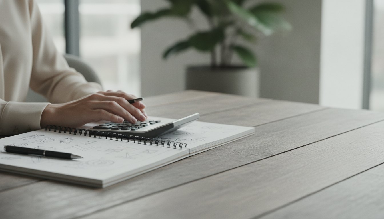 Mulher sentada à mesa com calculadora, caderno de anotações e caneta, fazendo contas de negócios
