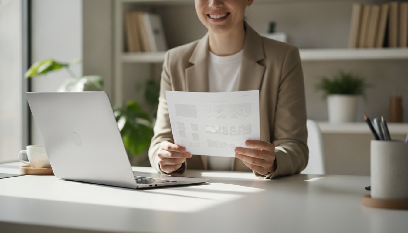 Mulher sentada à mesa de escritório com notebook aberto, segurando um documento impresso e sorrindo.