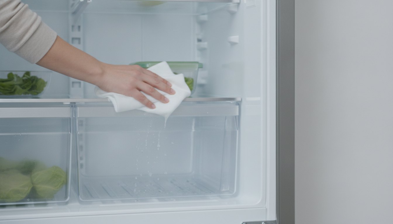 Mulher enxugando água acumulada na prateleira inferior de uma geladeira com um pano de limpeza.