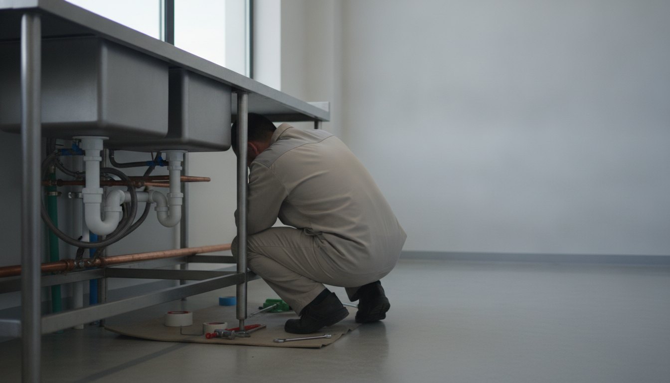 Mulher abaixada observando o encanamento sob a pia de uma cozinha industrial compacta