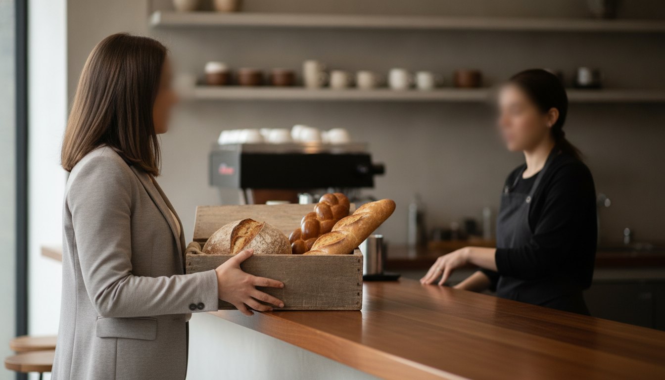 Mulher segurando uma caixa com pães artesanais conversando com o atendente no balcão de uma cafeteria.